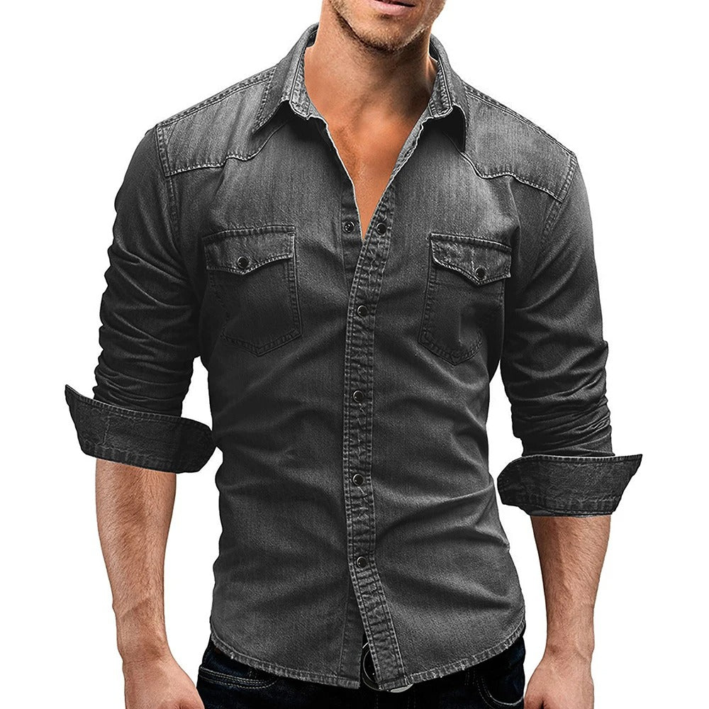 Men's rugged casual button-front shirt with chest pockets in a blue denim and grey colour family (view 2)