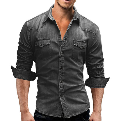 Men's rugged casual button-front shirt with chest pockets in a blue denim and grey colour family (view 2)