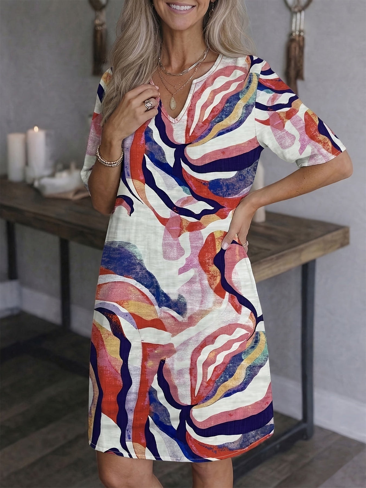 Women's artful print V-neck shift dress in a bright summer colourway