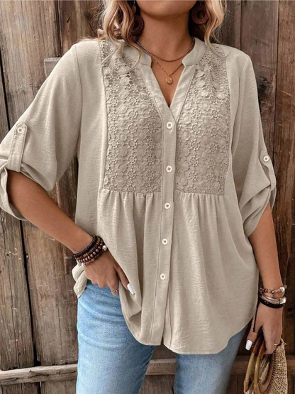 Kessoro women's wide sleeve V-neck button blouse in earth and jewel colourways
