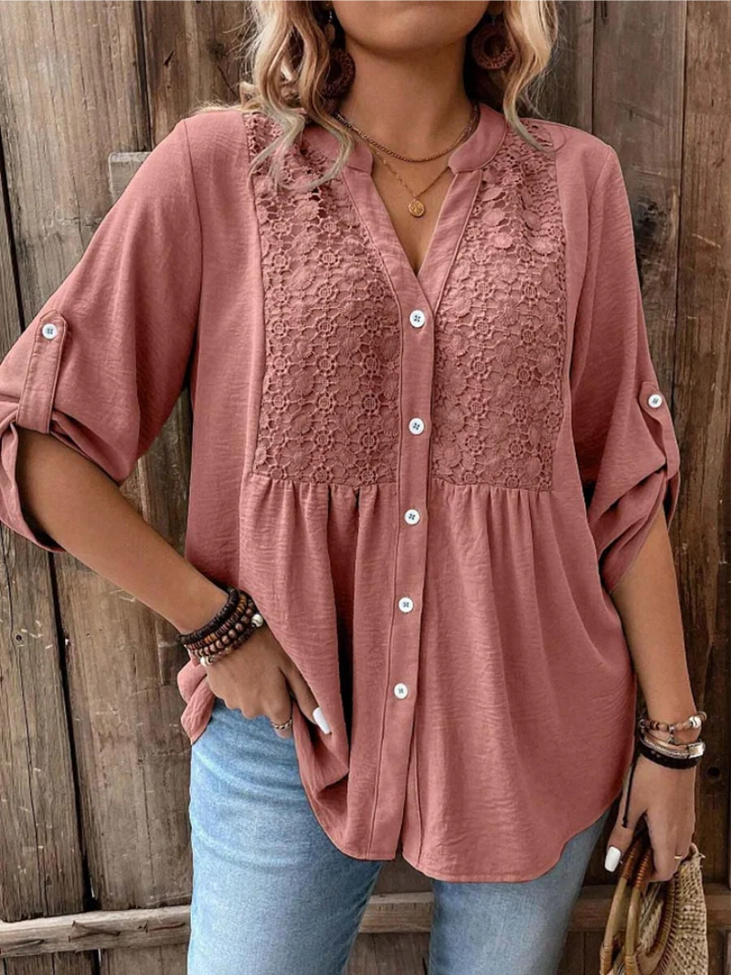 Kessoro women's wide sleeve V-neck button blouse in earth and jewel colourways