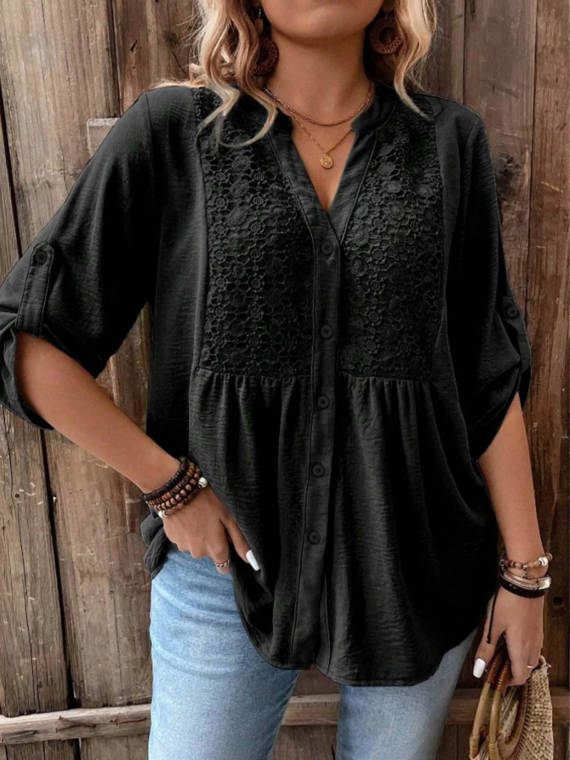 Kessoro women's wide sleeve V-neck button blouse in earth and jewel colourways