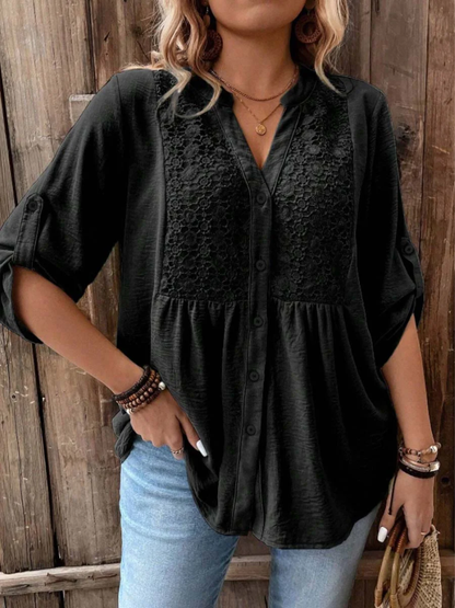 Kessoro women's wide sleeve V-neck button blouse in earth and jewel colourways