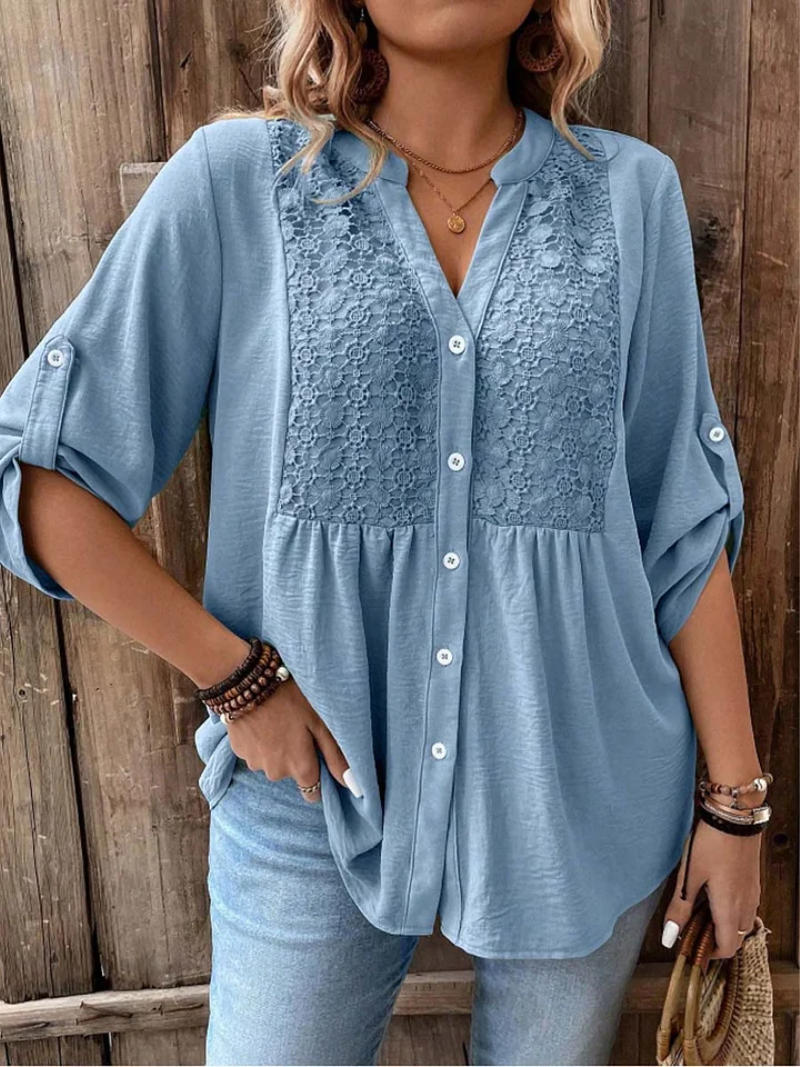 Kessoro women's wide sleeve V-neck button blouse in earth and jewel colourways