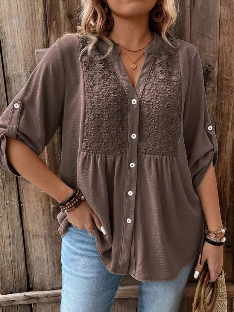 Kessoro women's wide sleeve V-neck button blouse in earth and jewel colourways