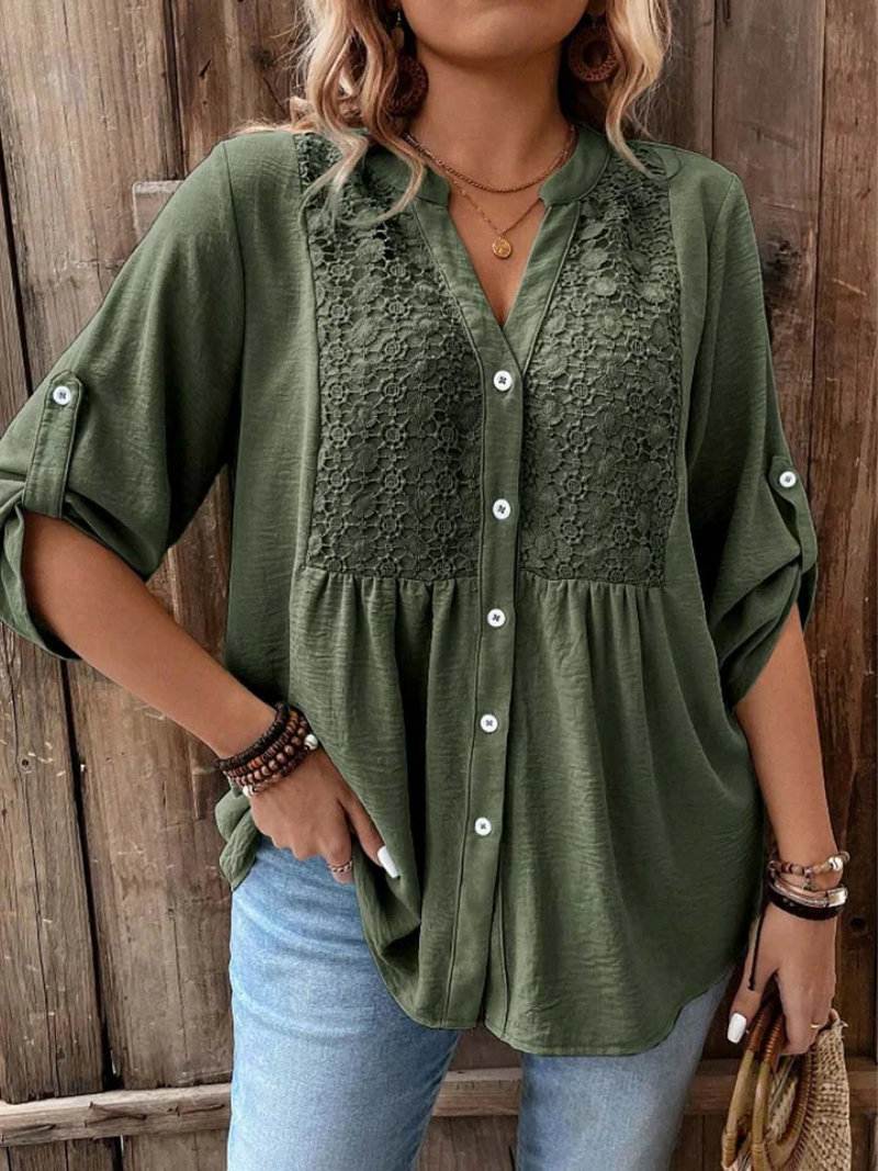Kessoro women's wide sleeve V-neck button blouse in earth and jewel colourways