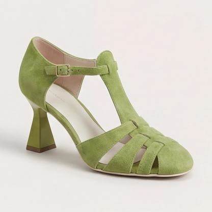 Women's green closed-toe strap heels