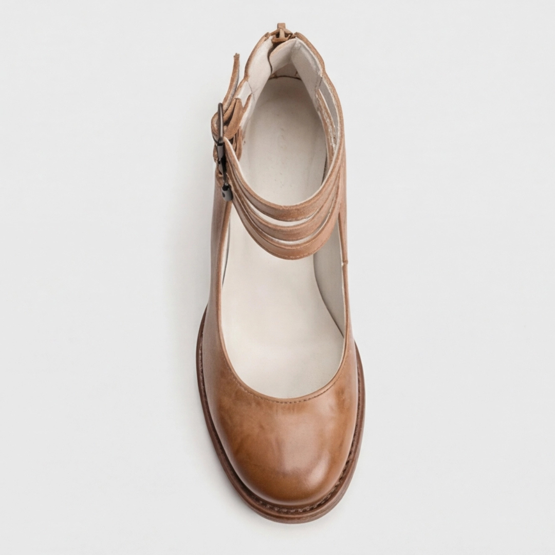 Women's light brown retro ankle-strap heels