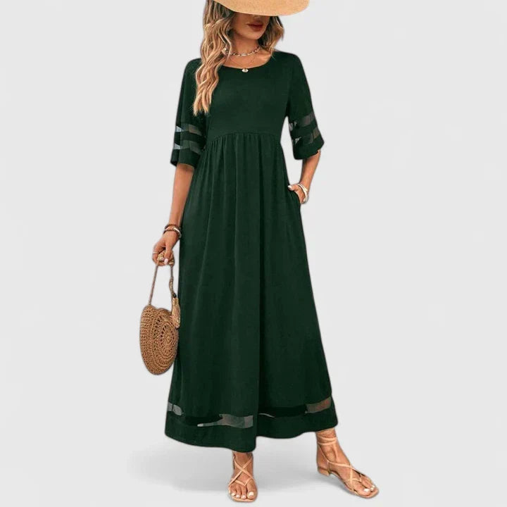 Women's empire waist midi dress with round neck and mid sleeves in black, red and green