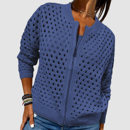 Women's open-knit zip-front cardigan in neutral and jewel-tone colorways