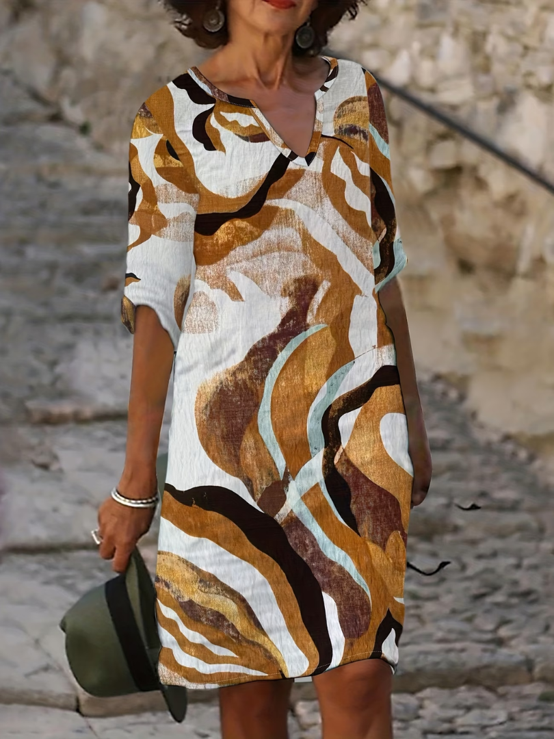 Kessoro women's artful hand-painted print relaxed summer dress in yellow, blue, green and pink