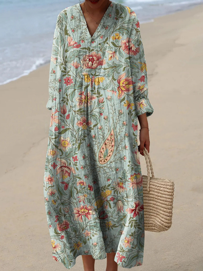Kessoro women's vintage floral art print flowy dress in apricot, blue, light blue, yellow and khaki
