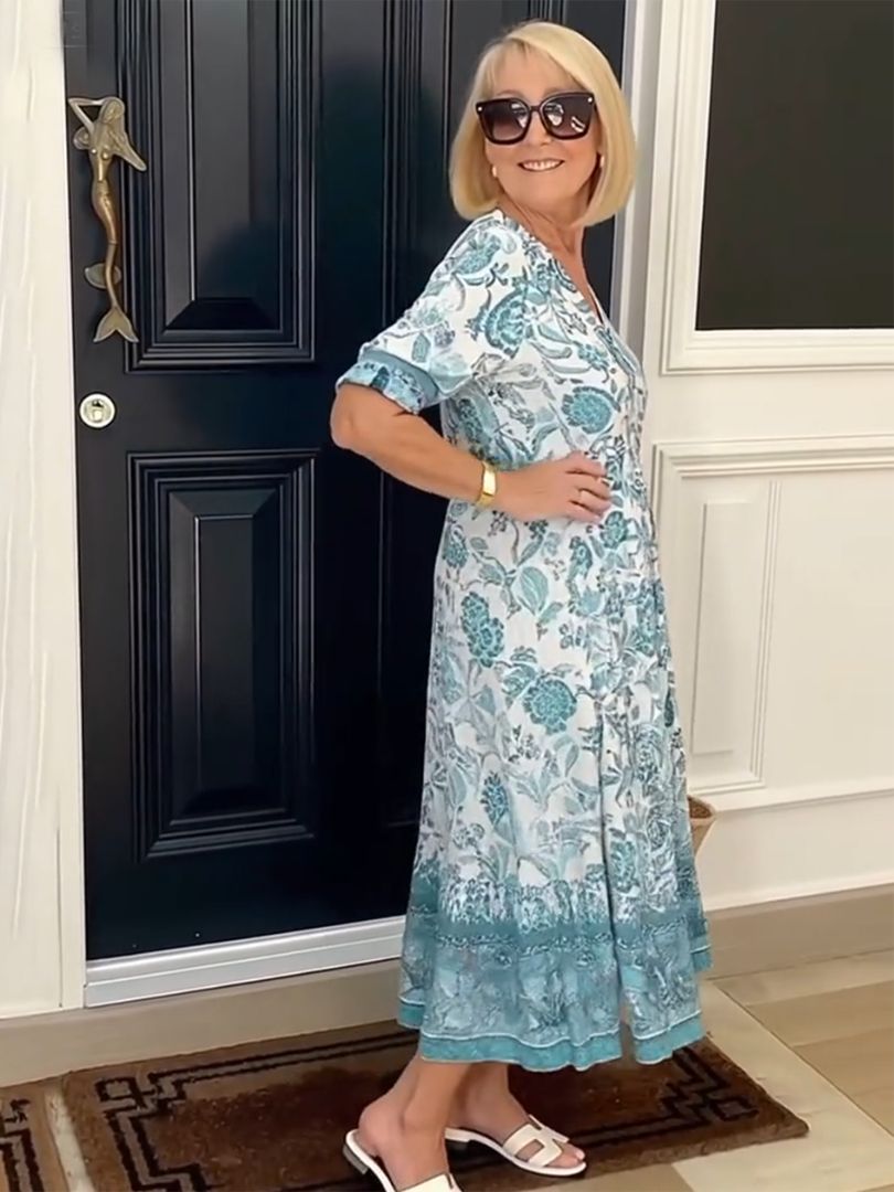 Women's graceful V-neck floral print dress in blue, brown, pink, violet and green