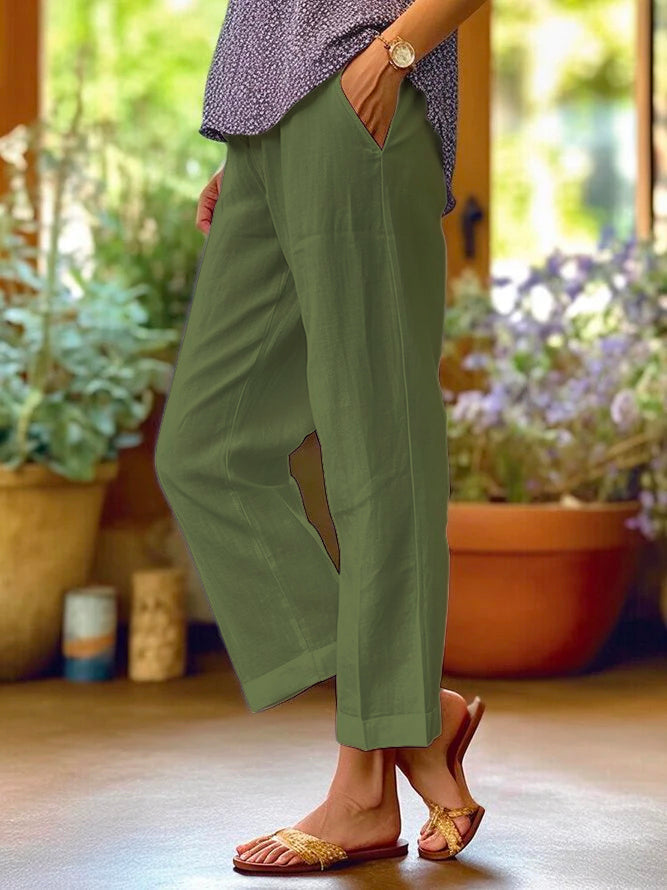 Women's straight cut cropped casual trousers in white, black, grey, blue, green and khaki