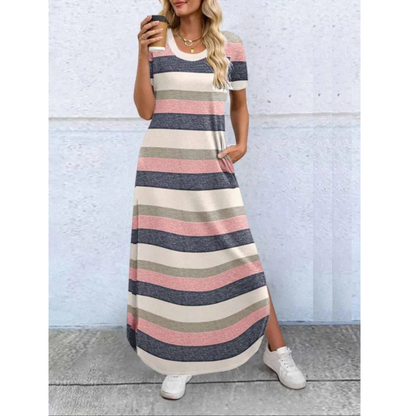 Kessoro women's round-neck casual summer maxi dress in gray, blue, emerald, black and striped prints