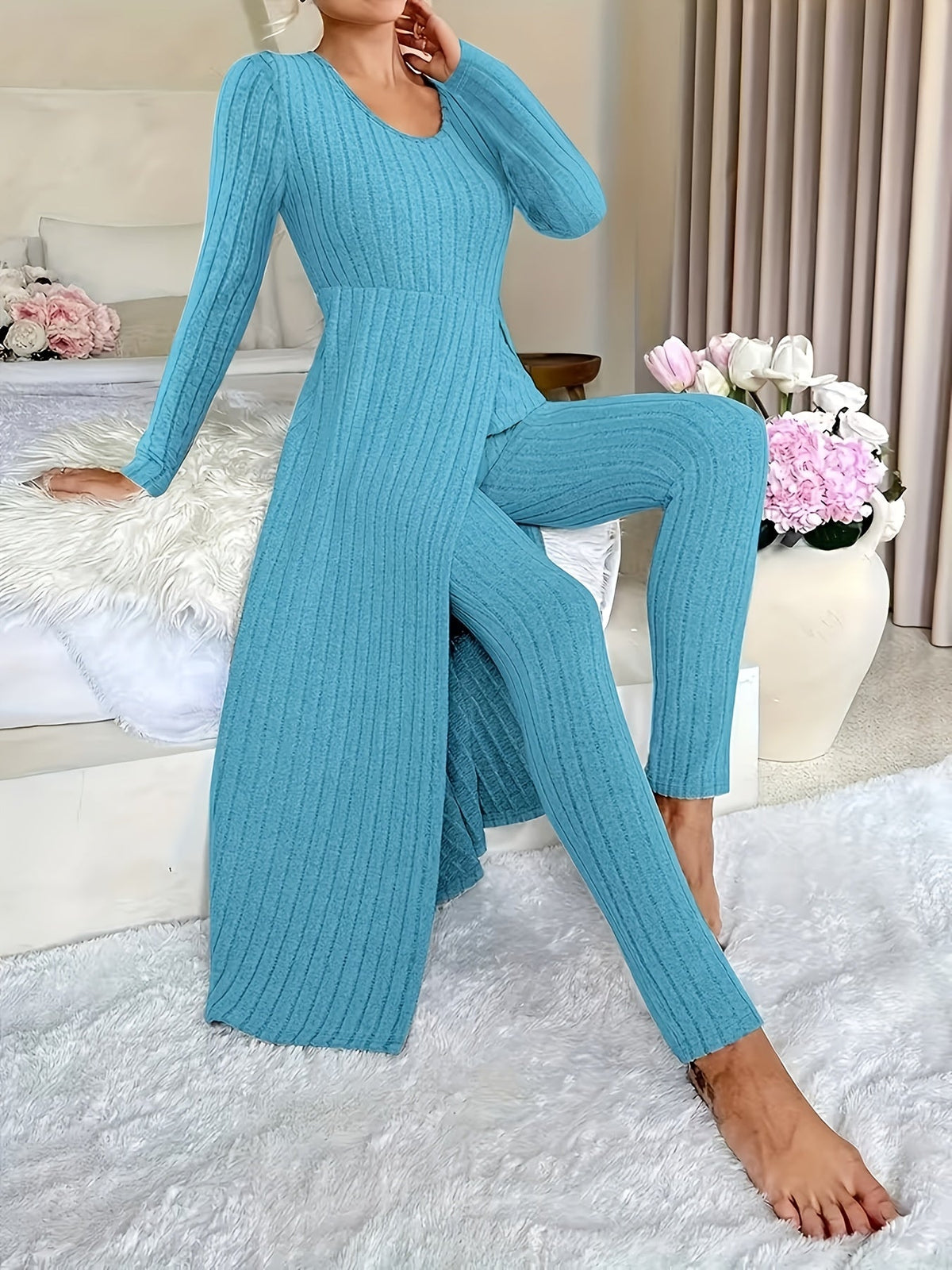 Kessoro women's ribbed tunic and wide-leg trouser lounge set in sage, violet and peacock blue, view 5