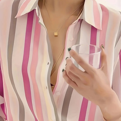 Kessoro Women's Striped Lapel Collar Button-Up Blouse in blue, sky blue, tangerine and other colourways — side view