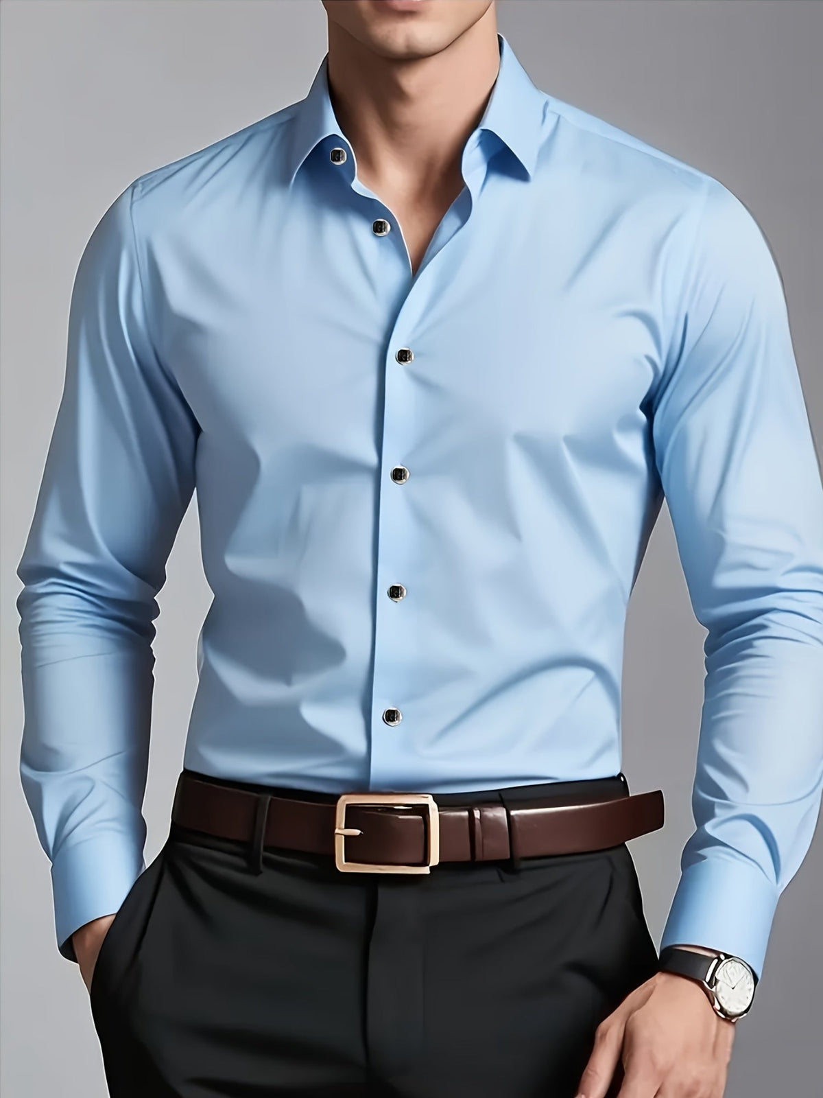Men's tailored long-sleeve button-up shirt in sky blue, light grey and white, side view