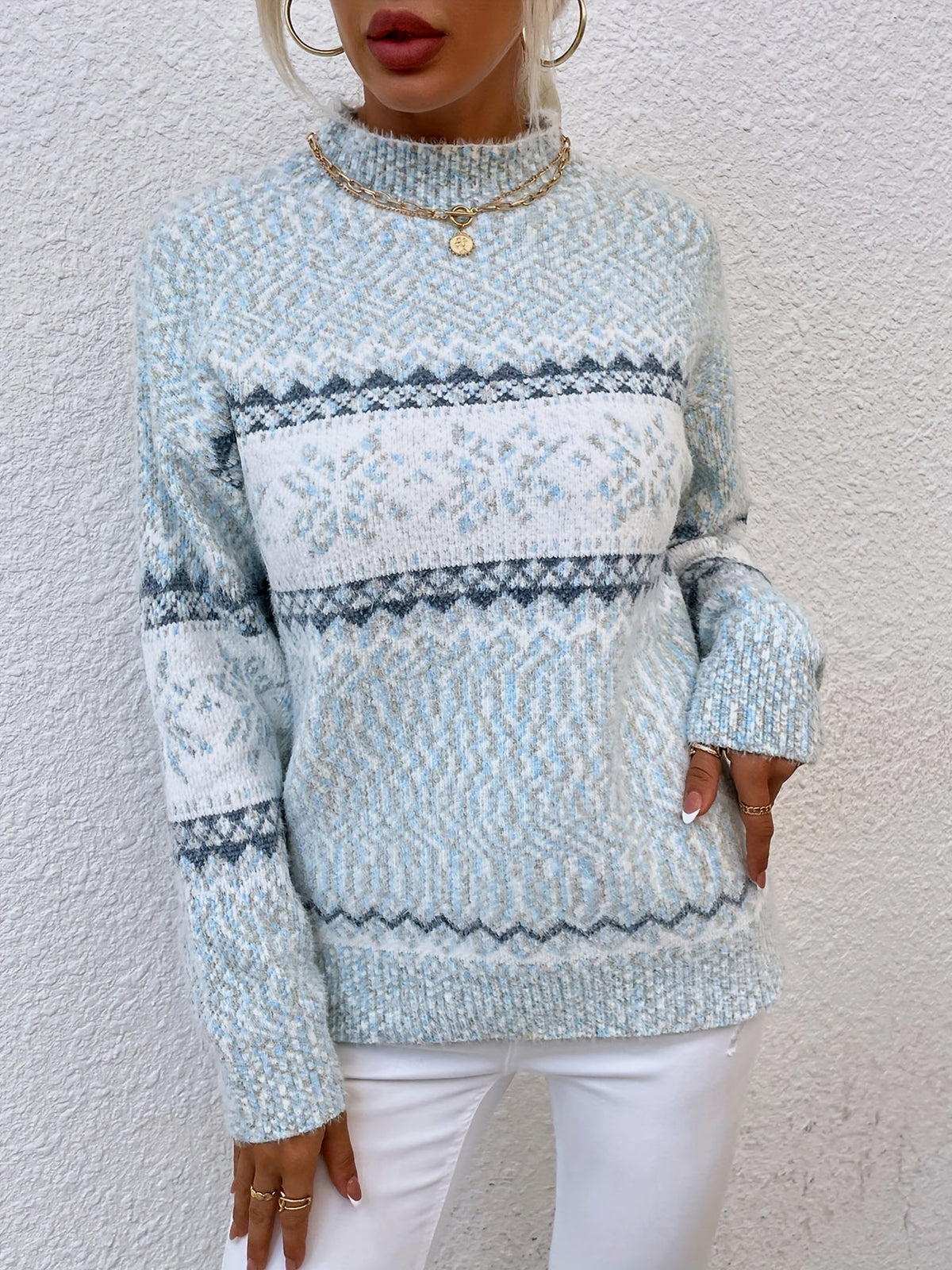 Kessoro women's snowflake mock-neck knit sweater in grey, pink or blue, view 20 of 23