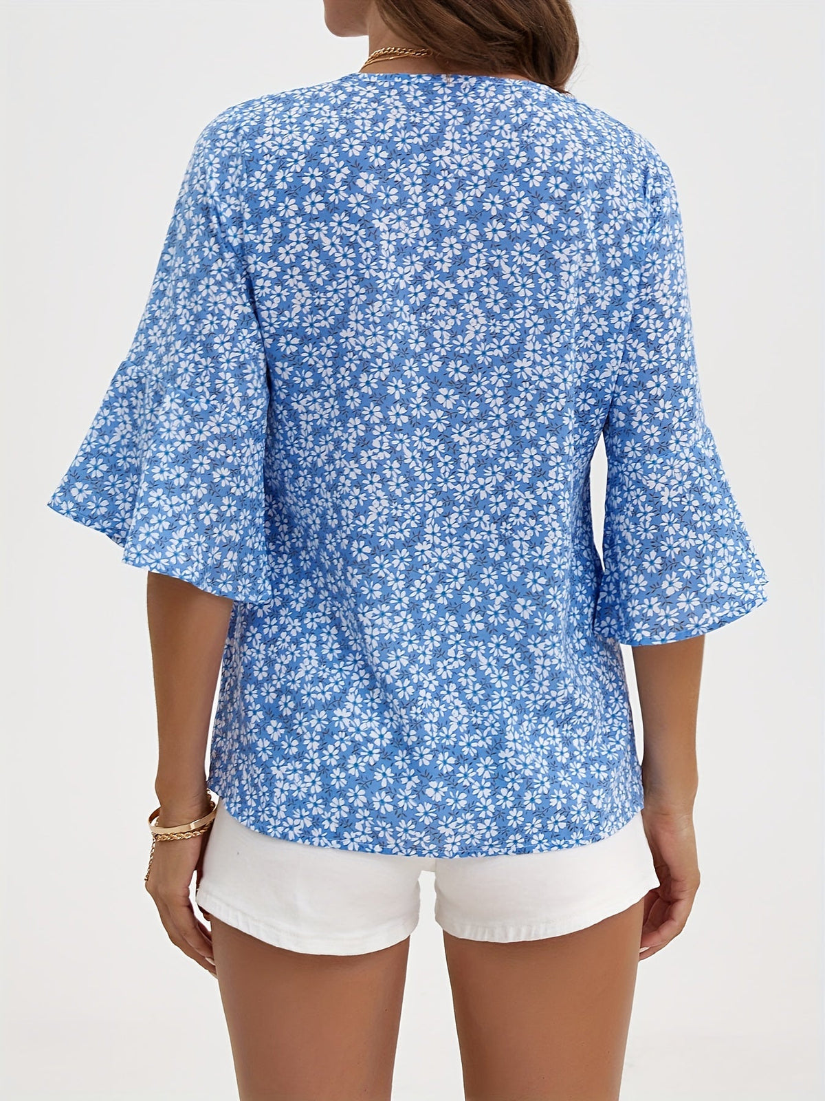 Kessoro women's floral ruffle-sleeve V-neck blouse in royal blue, yellow, green and red – image 2 of 23