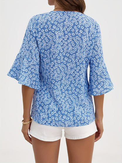 Kessoro women's floral ruffle-sleeve V-neck blouse in royal blue, yellow, green and red – image 2 of 23