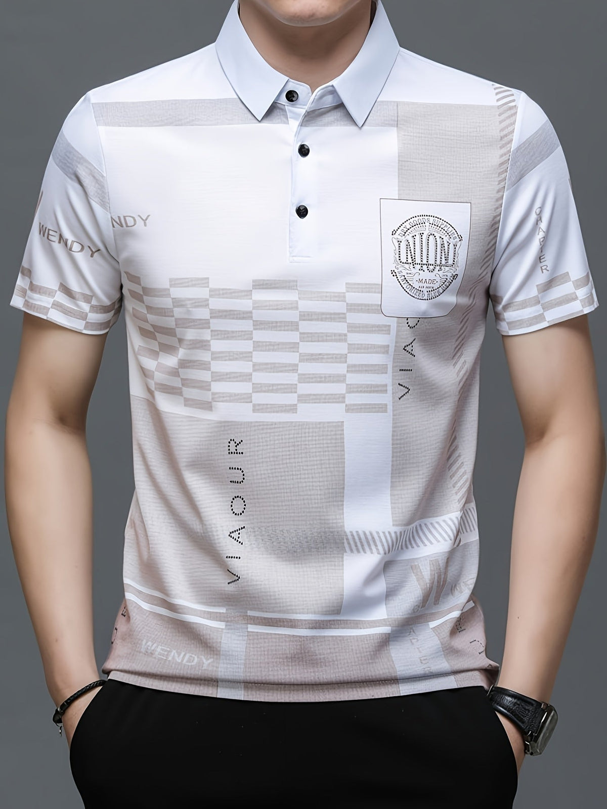 Men's colorblock short-sleeve polo shirt in black, navy blue and white — Kessoro, image 3 of 14
