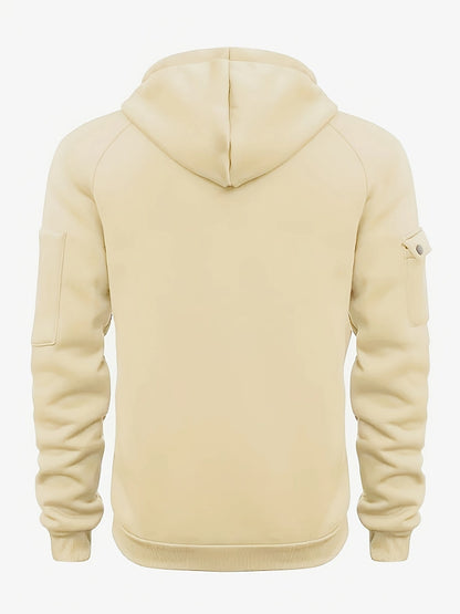 Men's utility quarter-zip hoodie in black, navy, khaki and burgundy with pocket detail, colour option 4 detail view