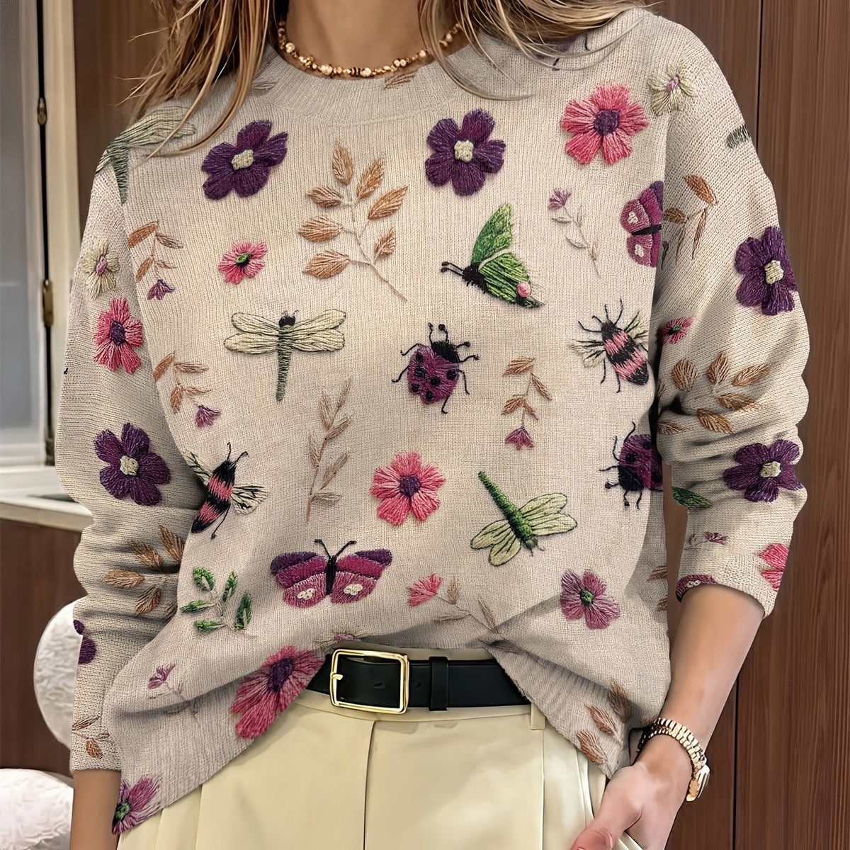 Kessoro women's botanical print crewneck knit sweater in purple, blue and apricot – view 11