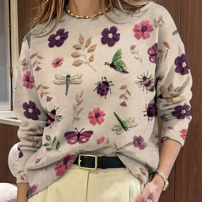 Kessoro women's botanical print crewneck knit sweater in purple, blue and apricot – view 11