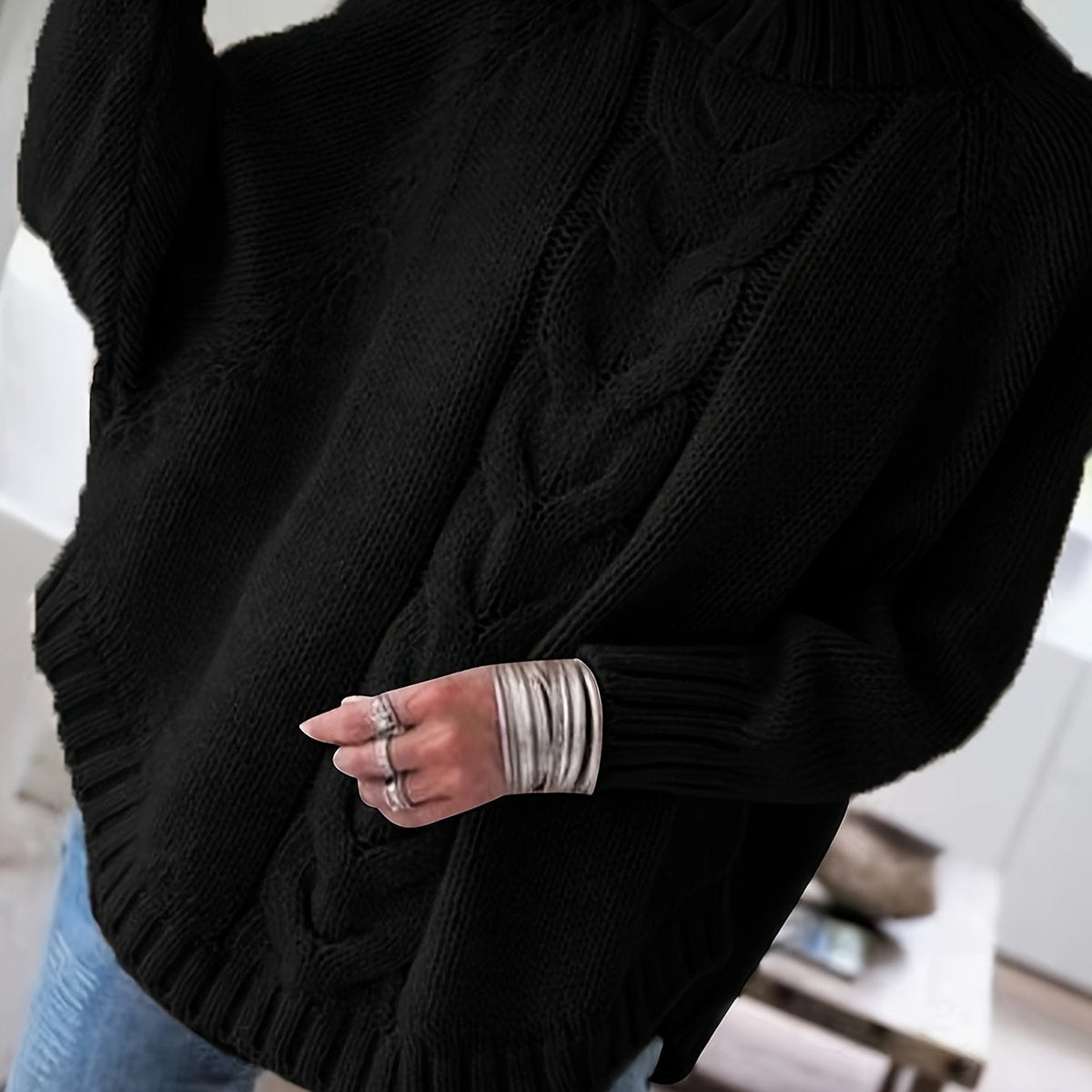 Kessoro women's high-neck cable-knit loose sweater in khaki, grey, pink, black and red – view 14