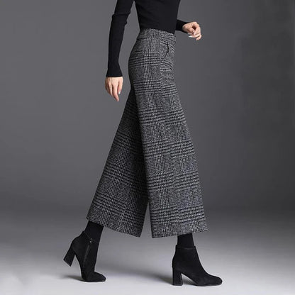 Kessoro Women's Checked High-Waist Wide-Leg Trousers in plaid black, solid black and houndstooth gray — full-length view