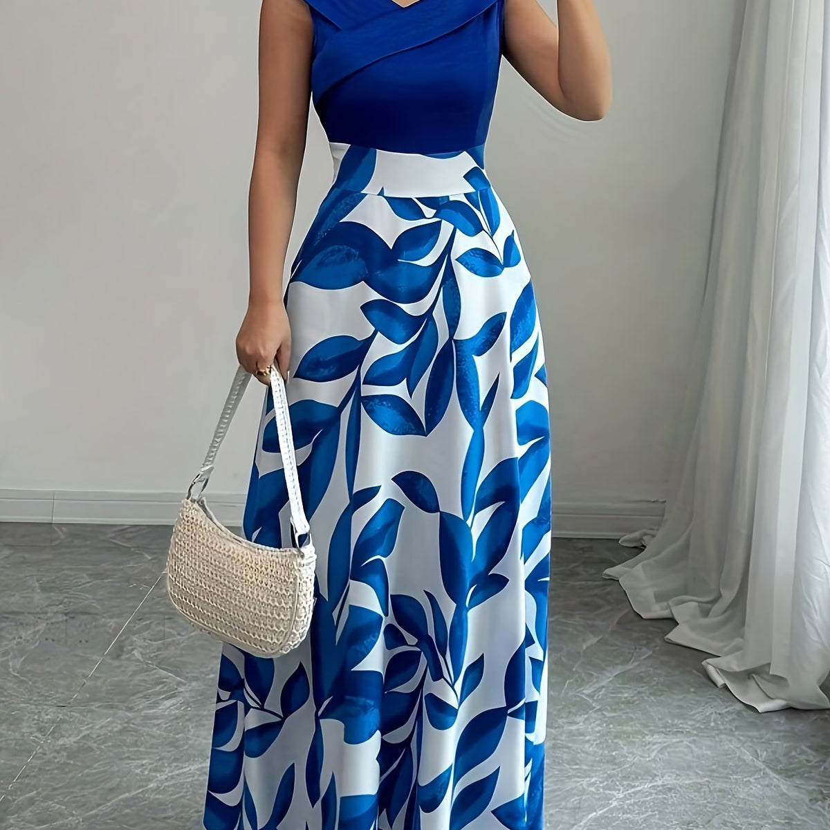 Women's leaf-print wrap-neck A-line maxi dress in a deep natural colourway