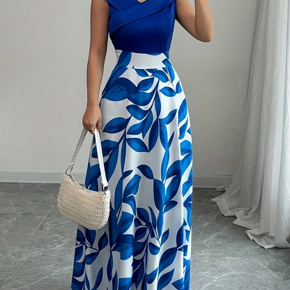 Women's leaf-print wrap-neck A-line maxi dress in a deep natural colourway