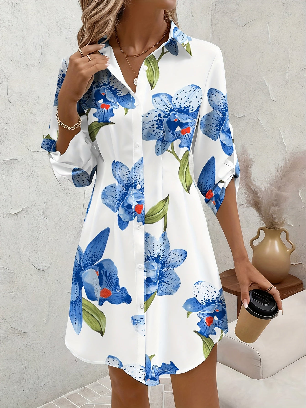 Kessoro women's floral button-front shirt dress shown in sky blue and white colourways on a female model