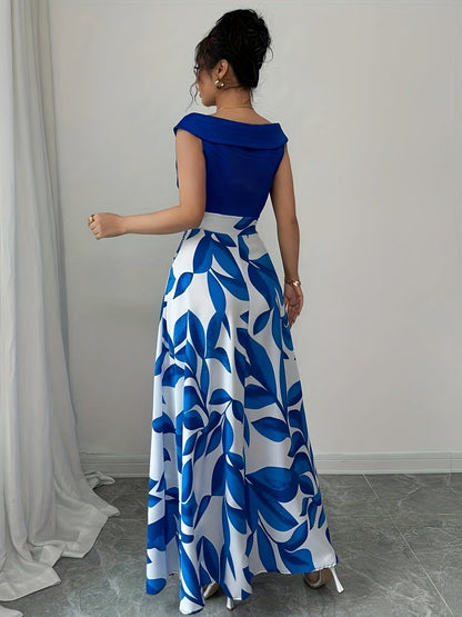 Women's leaf-print wrap-neck A-line maxi dress in a deep natural colourway