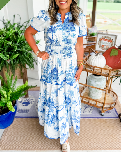 Women's toile print tiered maxi dress with a smocked waist and soft V-neckline