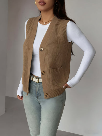 Kessoro women's buttoned V-neck knit vest with front pockets in soft neutral colourways