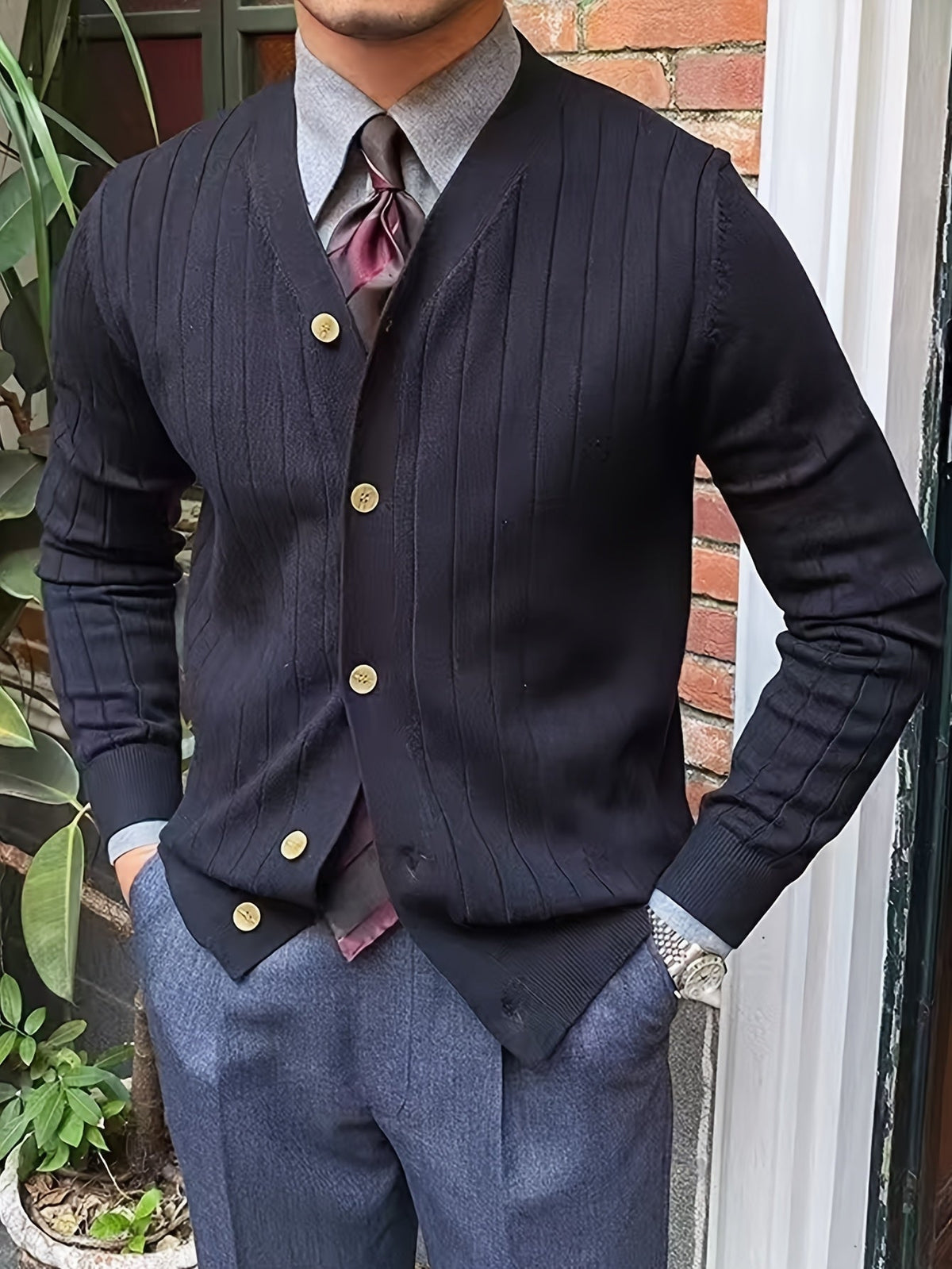 Kessoro Men's Ribbed Button-Up Knit Cardigan in white, sky blue and black, image 17 of 18.