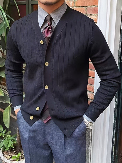 Kessoro Men's Ribbed Button-Up Knit Cardigan in white, sky blue and black, image 17 of 18.
