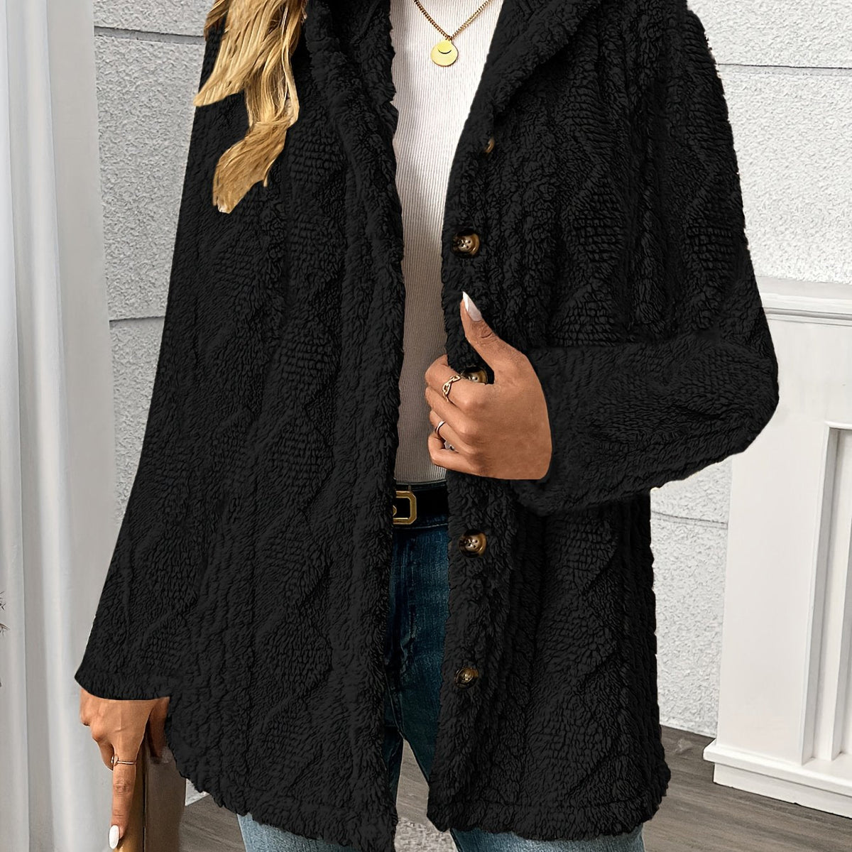 Women's textured plush button-front coat in black, front view