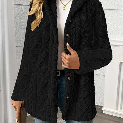 Women's textured plush button-front coat in black, front view