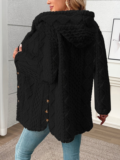Women's textured plush button-front coat in black, side view