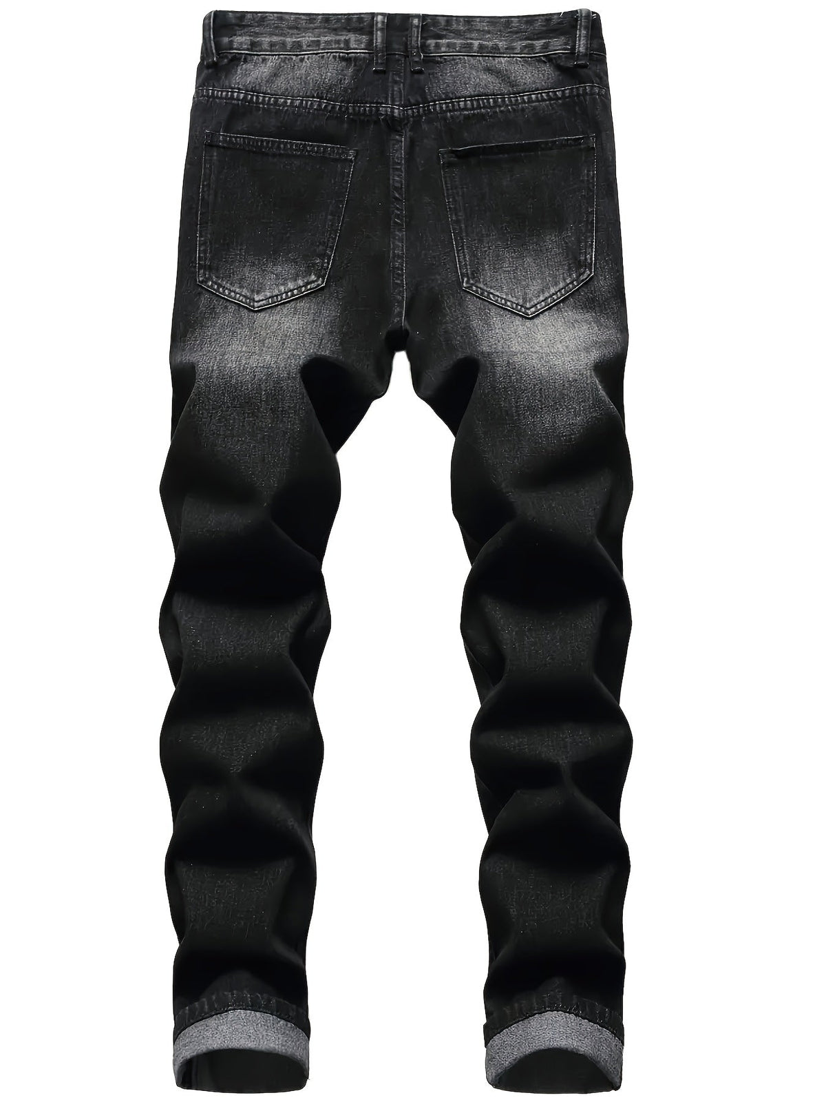 Men's distressed relaxed straight-leg jeans in dark gray denim, side view
