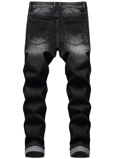 Men's distressed relaxed straight-leg jeans in dark gray denim, side view