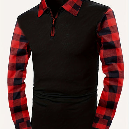 Kessoro men's half-zip contrast check collared shirt in mixed neutral and check colourways