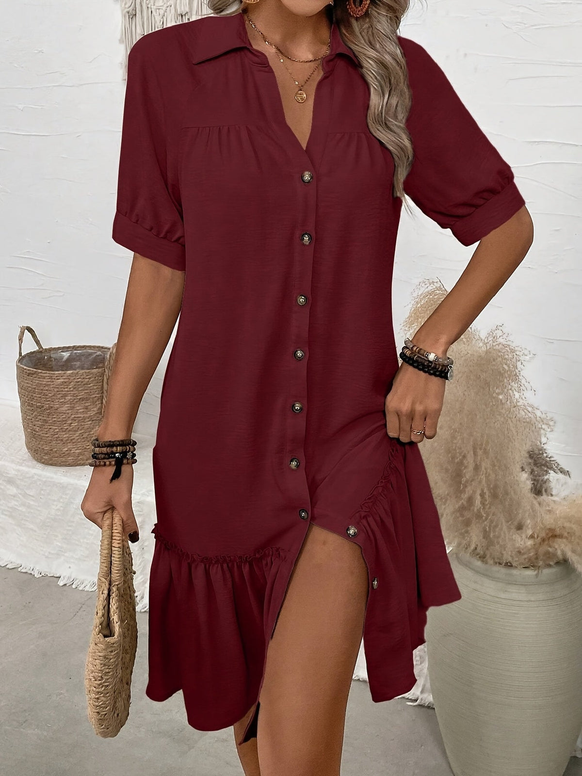 Women's button-front boho midi dress with pleated hem and rolled half sleeves