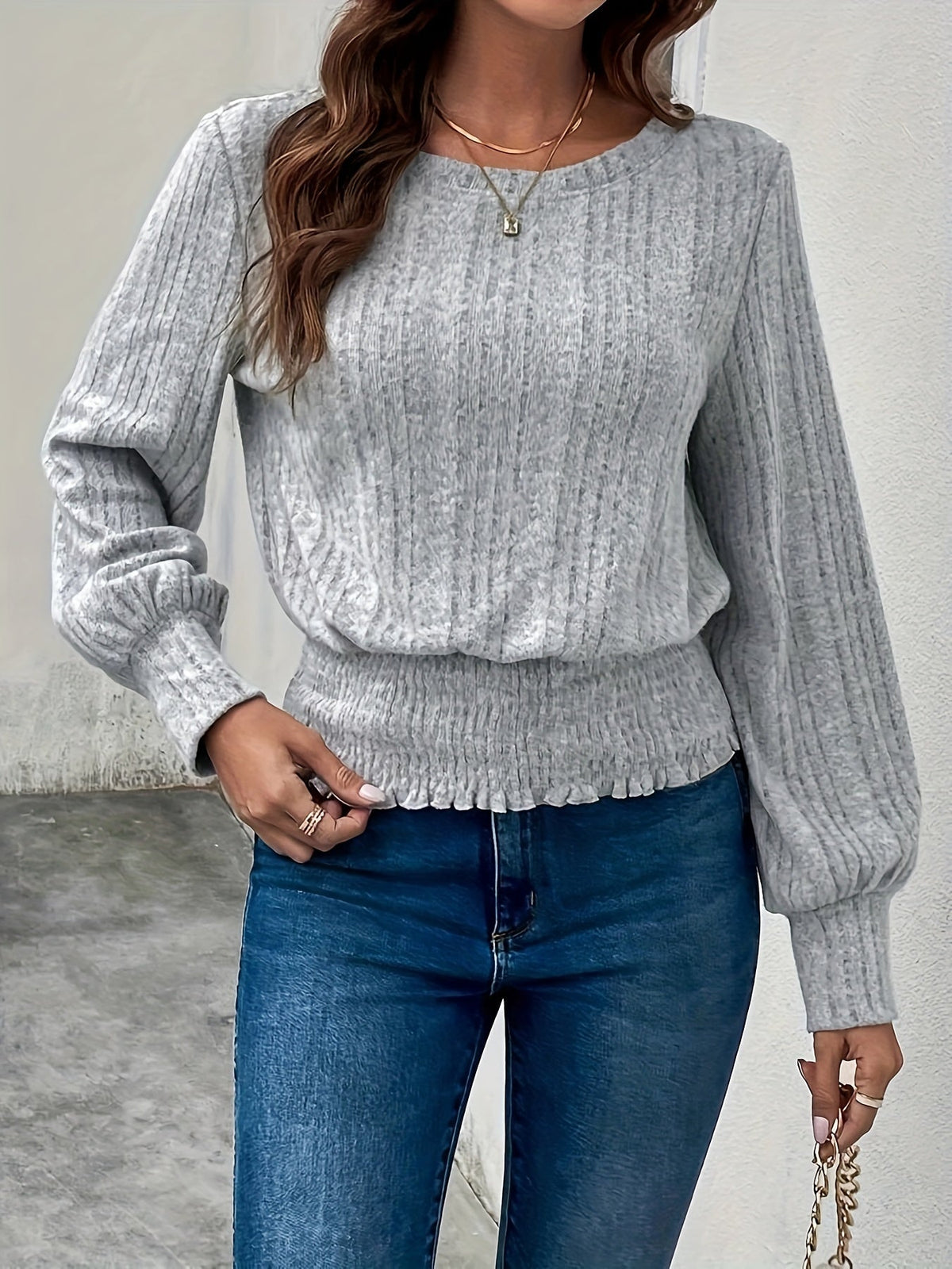 Kessoro women's ribbed smocked-waist long sleeve top in grey – image 3 of 5