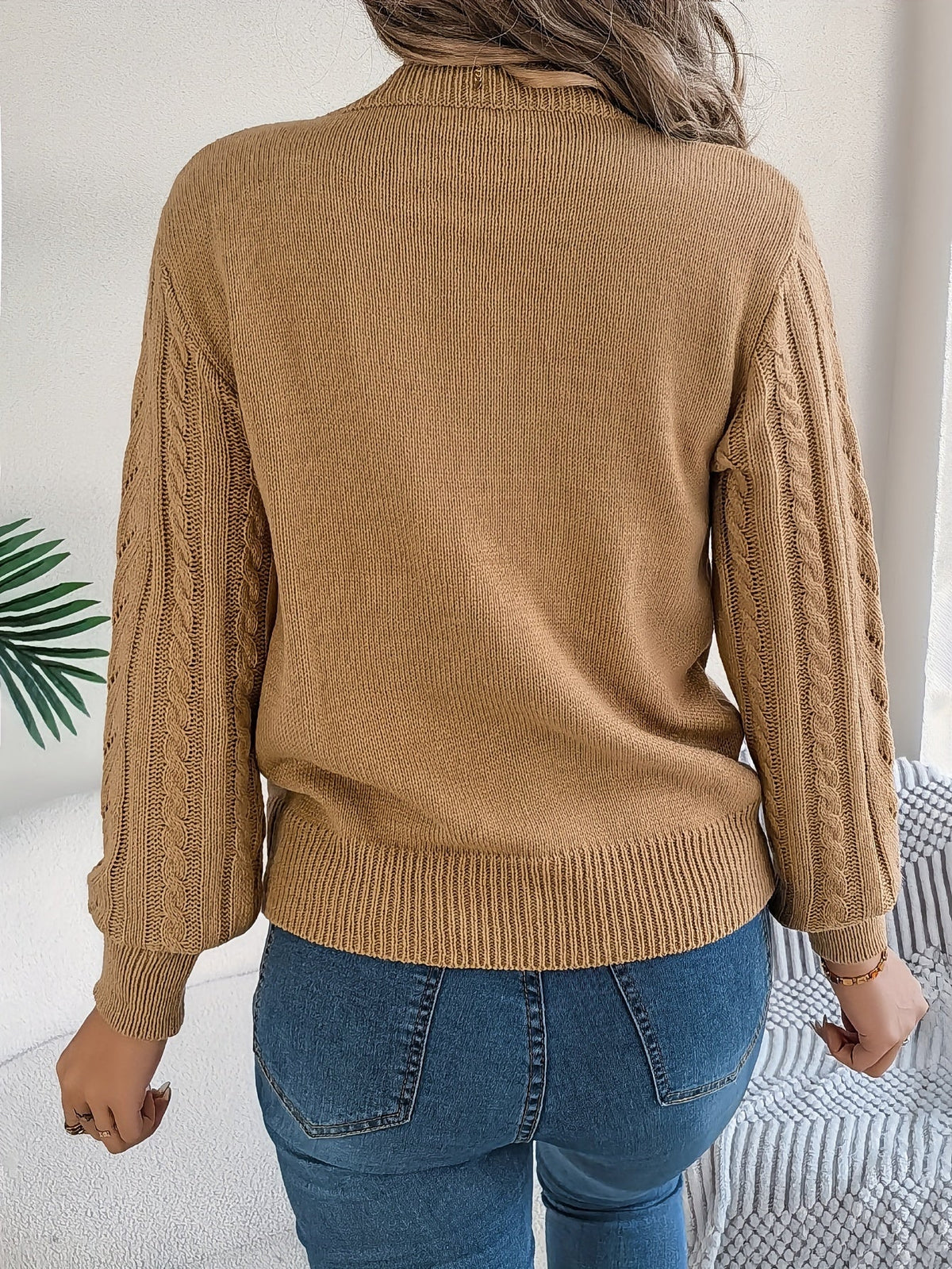 Kessoro Women's Cable-Knit Round Neck Sweater in khaki, grey and orange-red - women's apparel, view 3 of 21