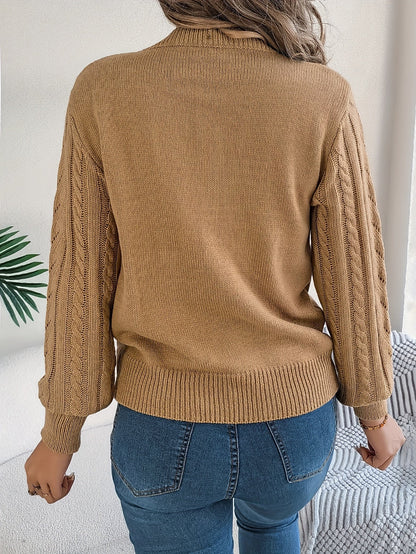 Kessoro Women's Cable-Knit Round Neck Sweater in khaki, grey and orange-red - women's apparel, view 3 of 21