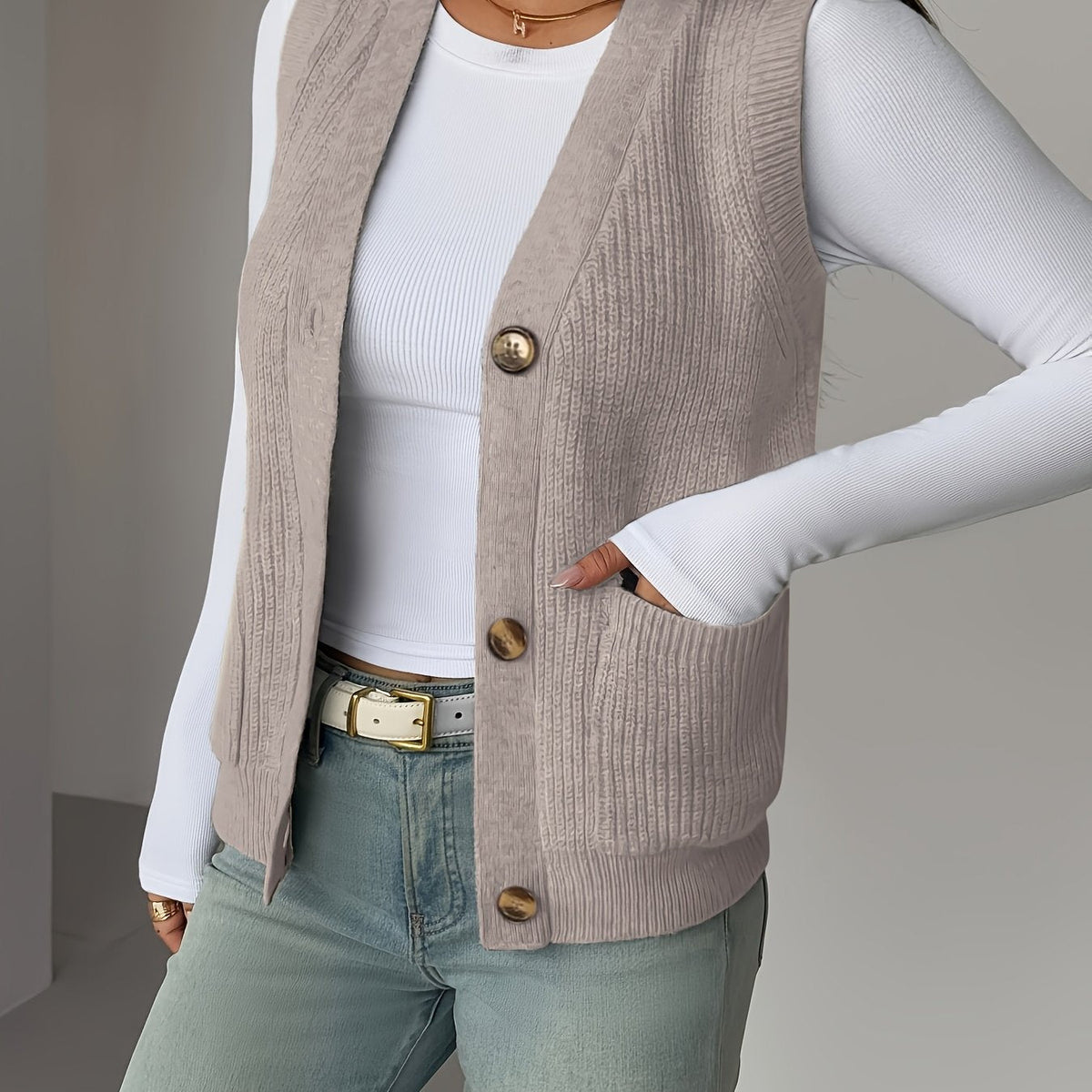 Kessoro women's buttoned V-neck knit vest with front pockets in soft neutral colourways